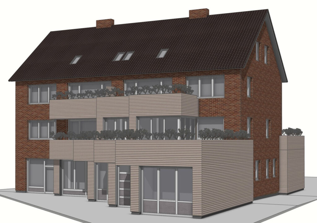 Visualisierung eines Wohn- und Gewerbeobjekts von 1955 in Lüneburg nach geplanter energetischer und optischer Sanierung.