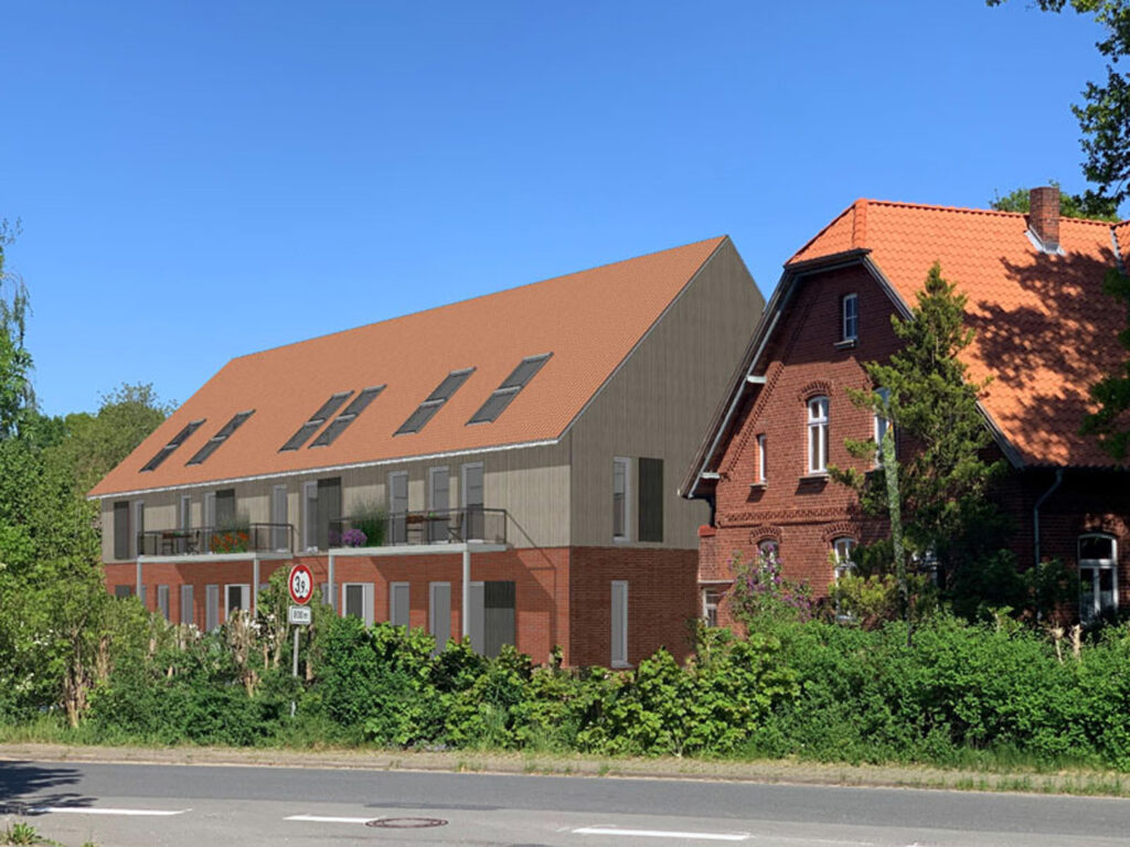 Visualisierung einer umgebauten Scheune mit neuem Dach und moderner Wohnnutzung auf zwei Ebenen in ländlicher Hoflage mit Garten.