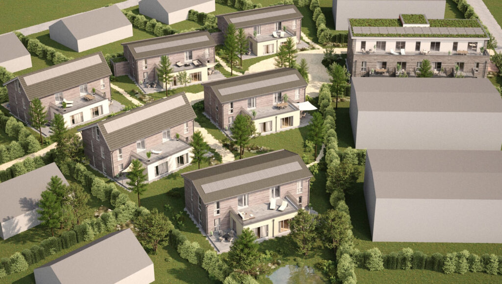 Luftbild-Visualisierung des Baugebiets „Schnellenberger Weg“ in Reppenstedt mit Einzelhäusern, einem Mehrfamilienhaus und gemeinschaftlich genutzten Grünflächen.