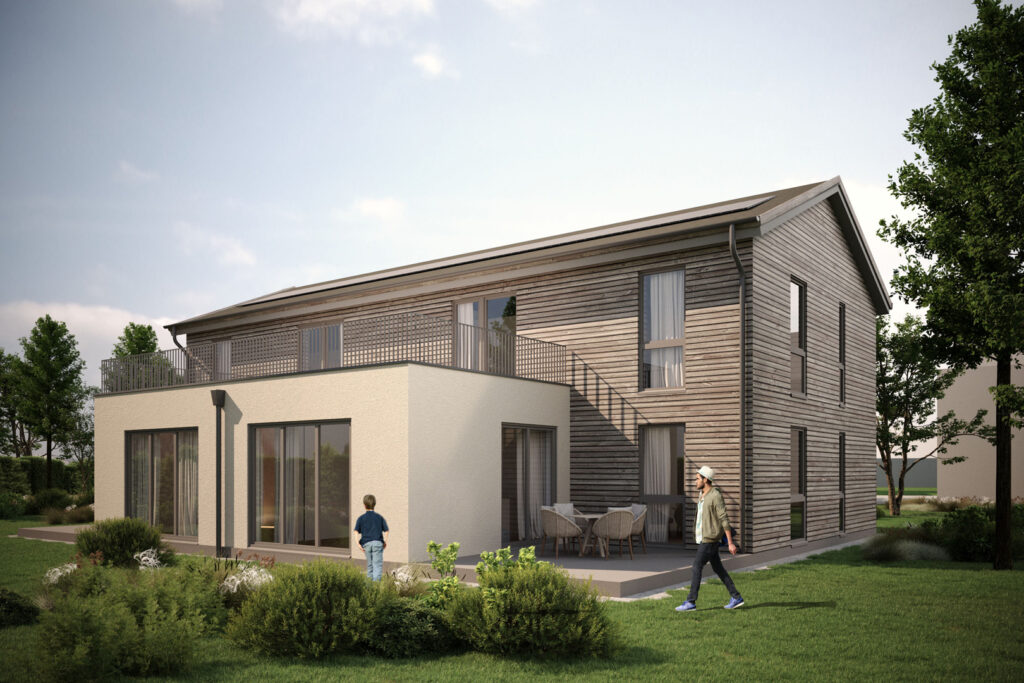 Visualisierung eines Einzelhauses im Baugebiet „Schnellenberger Weg“ in Reppenstedt mit Holzfassade, Dachterrasse und großzügigem Gartenbereich.