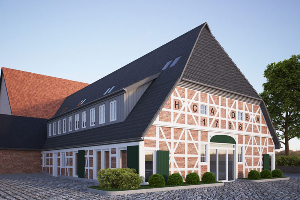 Visualisierung eines als KfW-Effizienzhaus 55 geplanten Scheunenumbaus von 1796 mit Fachwerkfassade, Ferienwohnungen und Gewerbeeinheit.