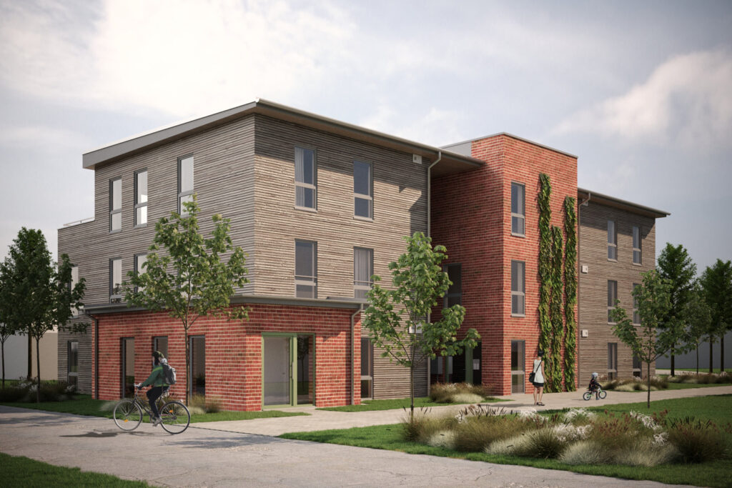 Visualisierung eines autofreien Mehrfamilienhauses im Baugebiet „Schnellenberger Weg“ in Reppenstedt mit 26 Wohneinheiten und Gemeinschaftsflächen.